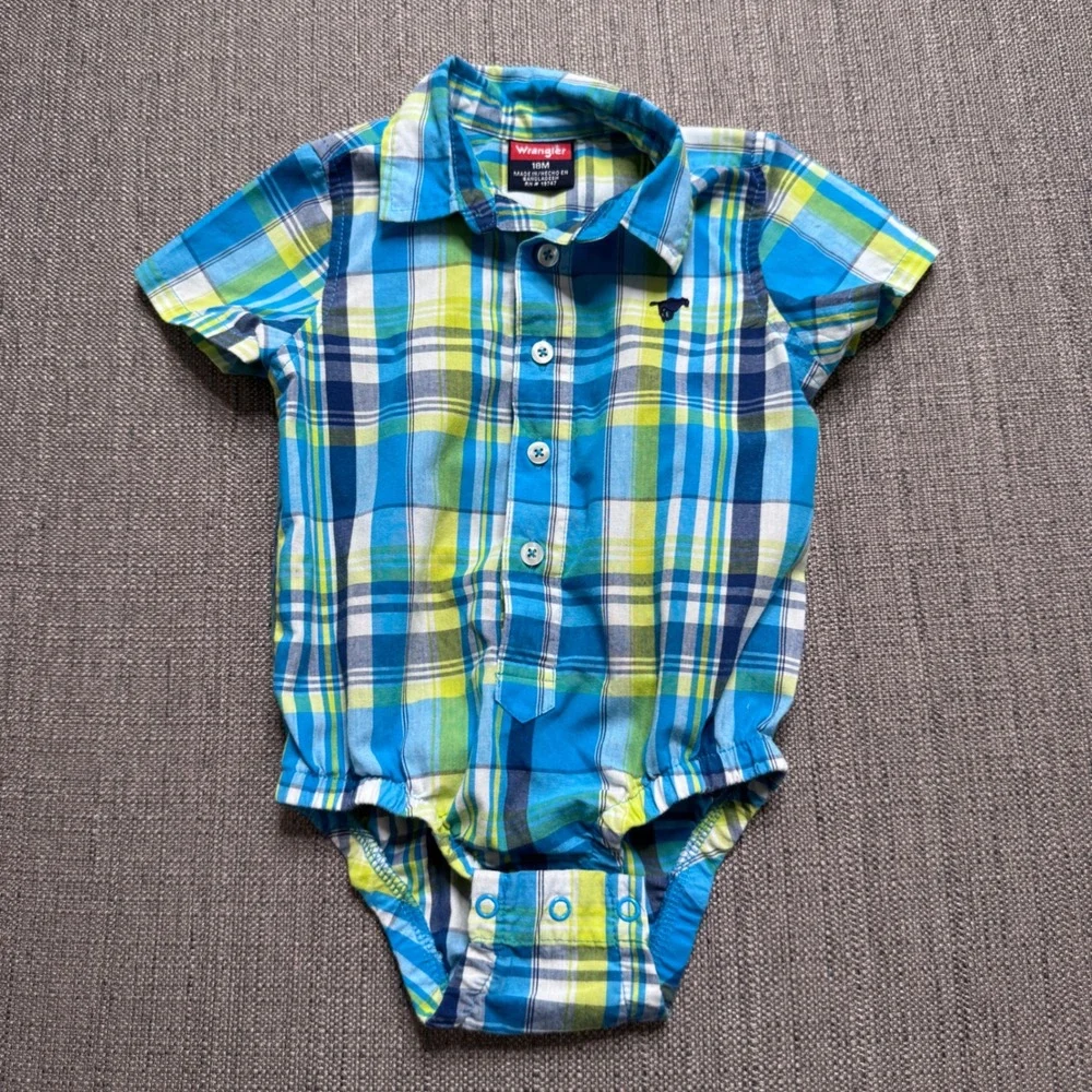 Wrangler Baby Boys Blue Green Plaid Short Sleeve Snap Bodysuit 18M RN 19747
